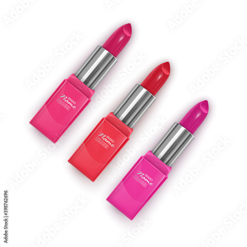 Set Realistic lipsticks with bright colors on white background, cosmetic Open tubes with cosmetics for women makeup, advertising poster for magazine, vector eps 10 format
