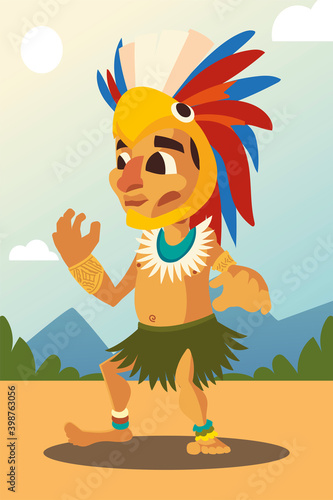aztec warrior in traditional clothes and headgear landscape