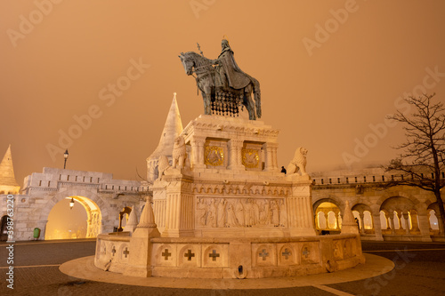 Stephen I monument at Fisherman's Bastion in Budapest, at night, Hungary