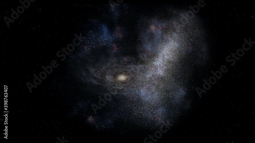 Exploration of galaxies through outer space towards a bright milky-way galaxy. 4K looping animation of flying through bright nebulae, clouds, and star fields. 