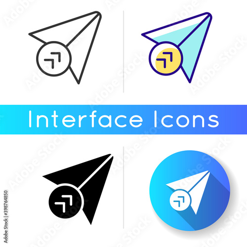 Send icon. Writing to different peple. Sharing media files with friends. Mobile messanger interface ui items. Linear black and RGB color styles. Isolated vector illustrations