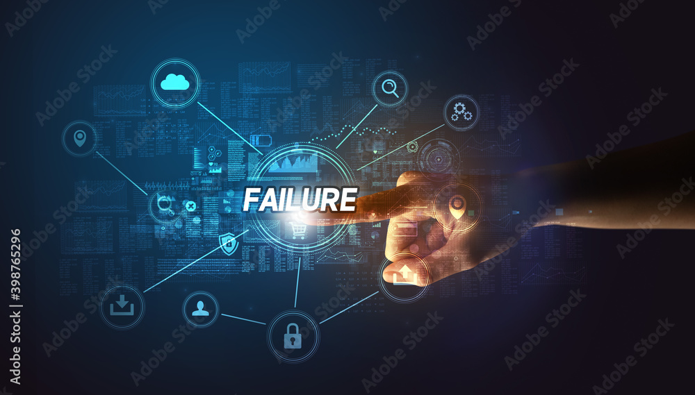 Hand touching FAILURE inscription, Cybersecurity concept