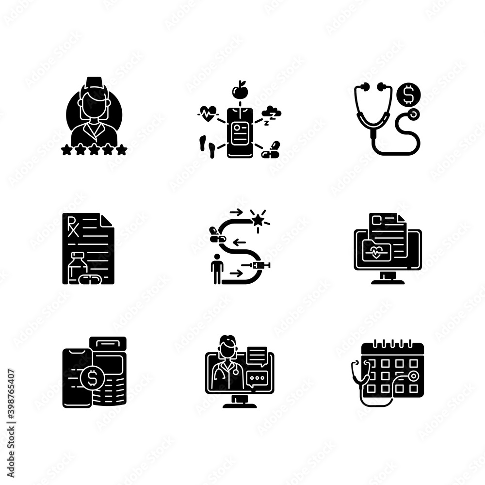 Medicine and healthcare black glyph icons set on white space. Review