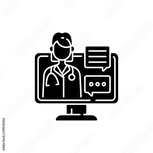 Chat consultation black glyph icon. Personalized care for urgent and on-going medical conditions. Messaging between client and therapist. Silhouette symbol on white space. Vector isolated illustration
