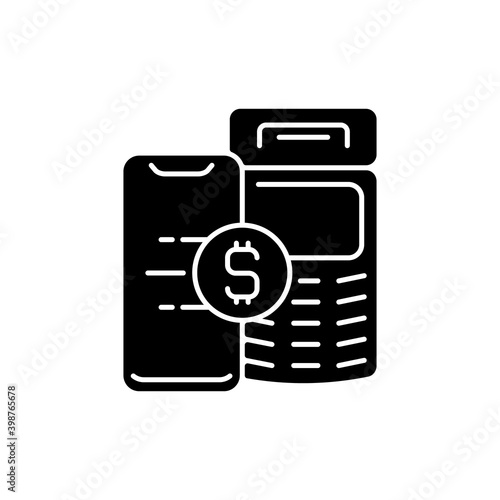 Pay service black glyph icon. Medical billing. Fee-for-service. Payment method. Paying with cash, credit card, health savings account. Silhouette symbol on white space. Vector isolated illustration