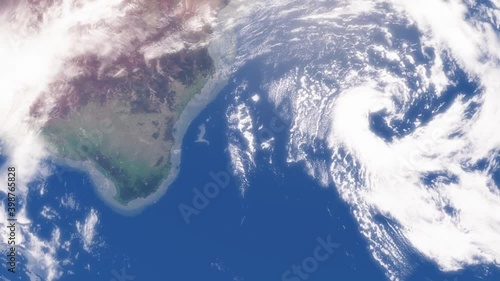 Beautiful sunrise over Earth. View from the space satellite. Cities at night. Change from Night to Day 3d Animation Rising Bright Sun. Modern business and technology concept. 4K Ultra HD.