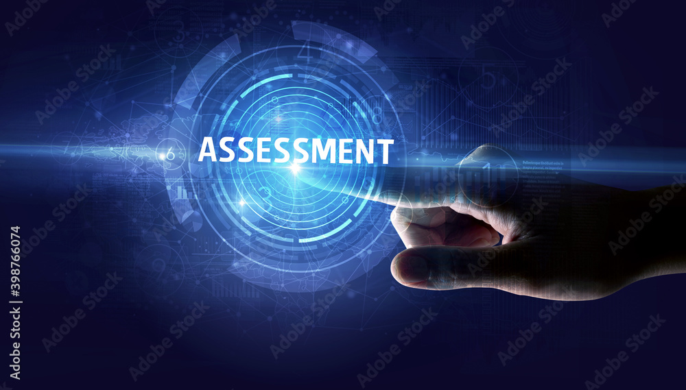 Hand touching ASSESSMENT button, modern business technology concept Hand touching ASSESSMENT button, modern business technology concept