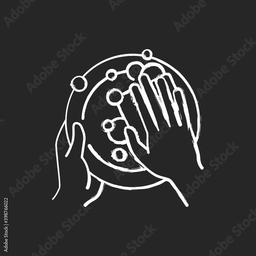 Washing dishes chalk white icon on black background. Traditional housework, kitchen chore. Housewife duty, housekeeping. Hands holding and cleaning plate. Isolated vector chalkboard illustration