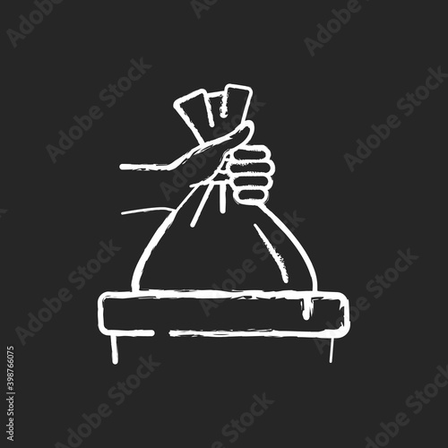 Taking out trash chalk white icon on black background. Waste management, domestic chores. Housekeeping duties, garbage utilization. Throwing away plastic bag. Isolated vector chalkboard illustration