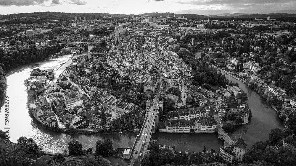 Flight over the city of Bern in Switzerland - the capital city from above - drone view