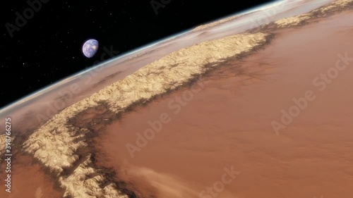 Beautiful sunrise over Earth. View from the space satellite. Cities at night. Change from Night to Day 3d Animation Rising Bright Sun. Modern business and technology concept. 4K Ultra HD.
