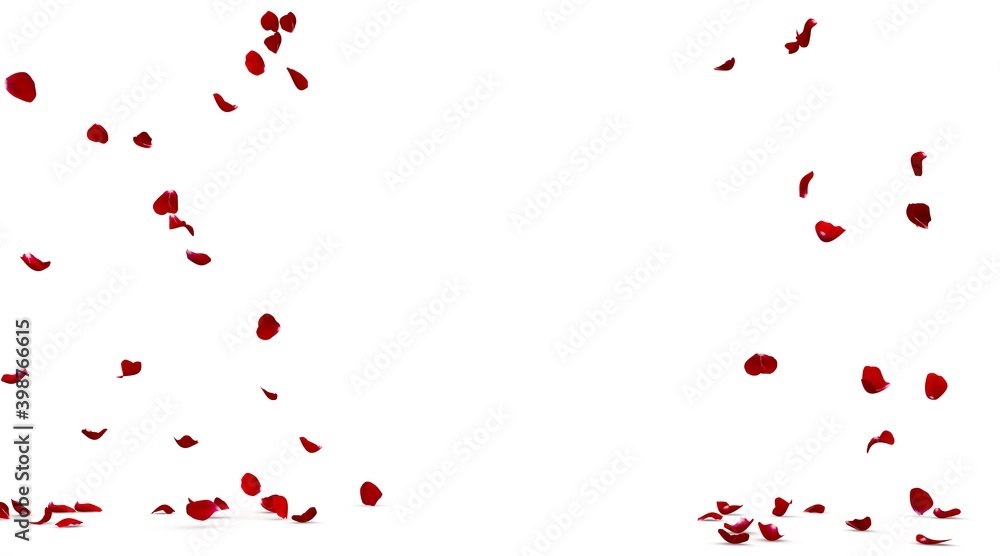 Red rose petals fall beautifully on the floor. 3D illustration