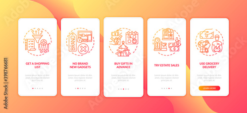 Shopping tips onboarding mobile app page screen with concepts. Supermarket delivery, garage sales walkthrough 5 steps graphic instructions. UI vector template with RGB color illustrations