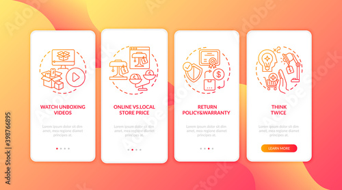 Informed consumer tips onboarding mobile app page screen with concepts. Unpacking, thinking twice walkthrough 4 steps graphic instructions. UI vector template with RGB color illustrations