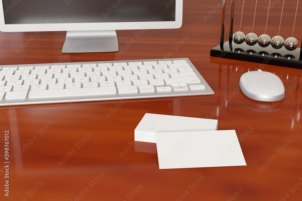 Blank business cards on a wooden desk next to a computer and office supplies. 3d illustration. Blank business cards on a wooden desk next to a computer and office supplies. 3d illustration.