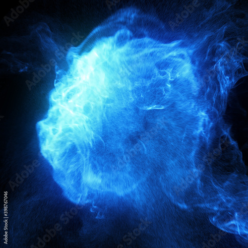 Abstract background. Blue flames and smoke, fluid effect. Blue flowing plasma and particles moving around in a fluid motion.
