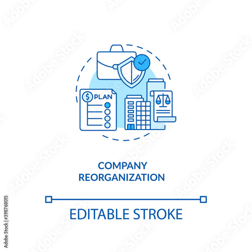 Company reorganization blue concept icon. Business restructuring. Corporate strategy. Bankruptcy avoidance idea thin line illustration. Vector isolated outline RGB color drawing. Editable stroke