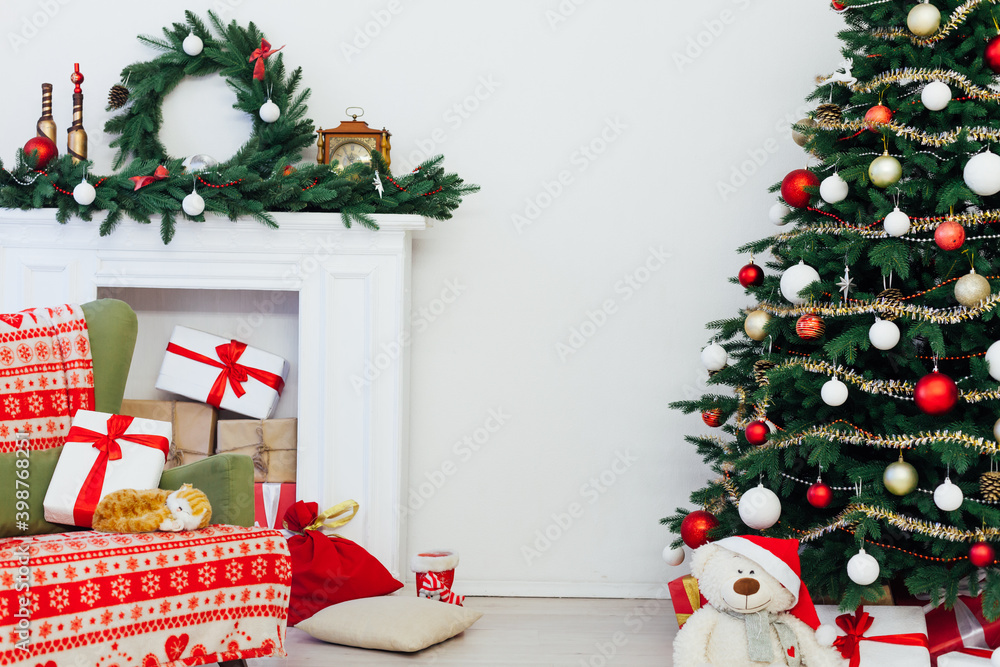 Decor interior of the house Christmas tree holiday presents new year's background