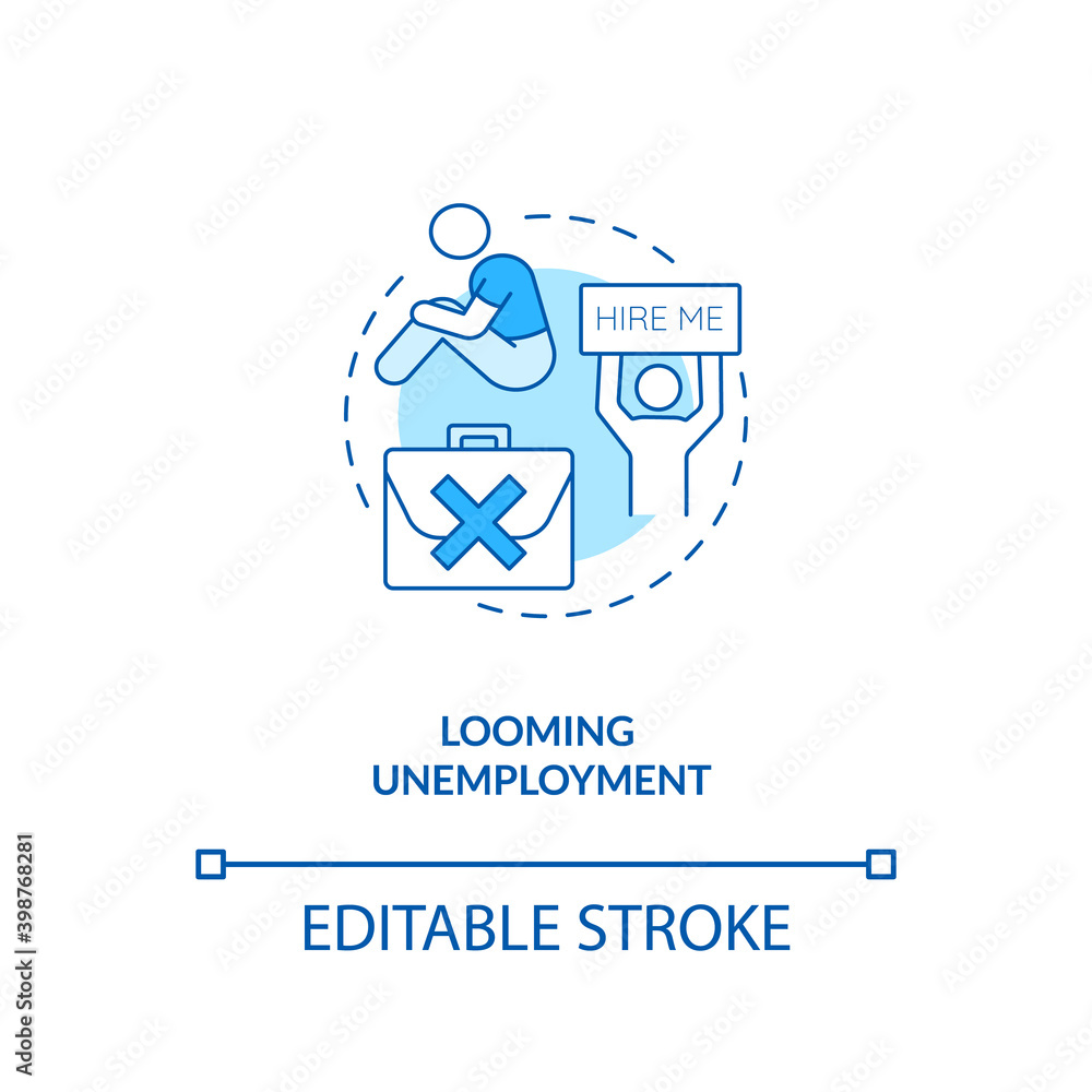 Looming unemployment blue concept icon. Difficulty getting hired. Prospect of losing job. Bankruptcy idea thin line illustration. Vector isolated outline RGB color drawing. Editable stroke Looming unemployment blue concept icon. Difficulty getting hired. Prospect of losing job. Bankruptcy idea thin line illustration. Vector isolated outline RGB color drawing. Editable stroke