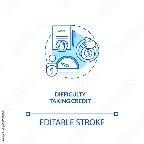 Difficulty taking credit blue concept icon. Denied loan. Problem with mortgage. Financial crisis. Bankruptcy idea thin line illustration. Vector isolated outline RGB color drawing. Editable stroke
