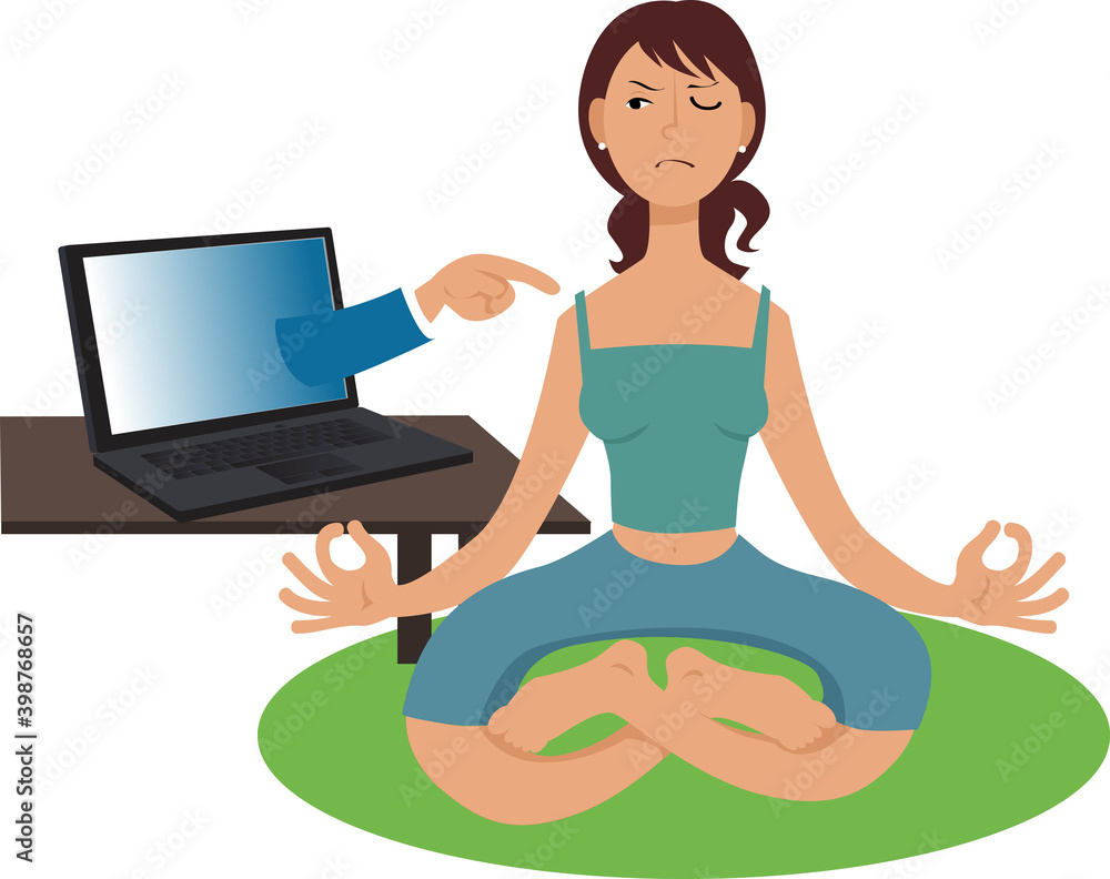 Woman trying to meditate, but her laptop distracts her, EPS 8 vector illustration Woman trying to meditate, but her laptop distracts her, EPS 8 vector illustration