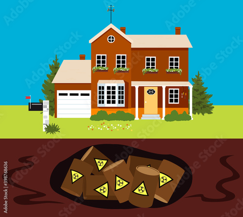 Family home built on contaminated land with hazardous waste buried underneath, EPS 8 vector illustration