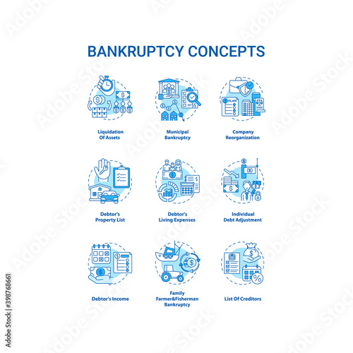 Bankruptcy blue concept icons set. Economic difficulty. Debtor and creditor contract. Financial crisis idea thin line RGB color illustrations. Vector isolated outline drawings. Editable stroke
