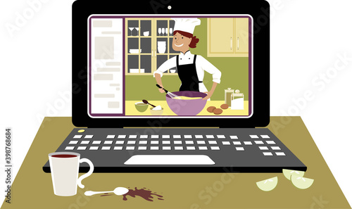 Laptop with an internet chef giving cooking workshop online, EPS 8 vector illustration