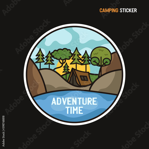 Camping adventure sticker design. Travel hand drawn logo emblem. State park label isolated. Stock vector graphics