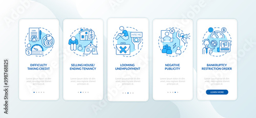 Bankruptcy negative impact blue onboarding mobile app page screen with concepts. Difficulty taking credit walkthrough 5 steps graphic instructions. UI vector template with RGB color illustrations
