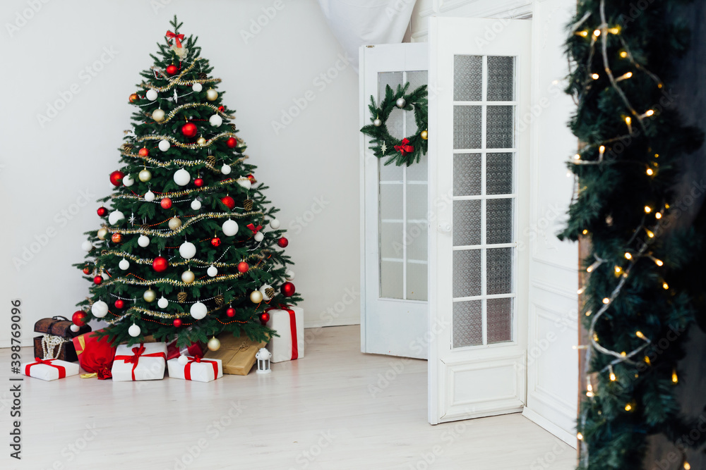 Decor interior of the house Christmas tree holiday presents new year's background Decor interior of the house Christmas tree holiday presents new year's background