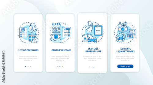 Creditor and debtor blue onboarding mobile app page screen with concept. Banking, accounting. Financial crisis walkthrough 5 steps graphic instructions. UI vector template with RGB color illustrations