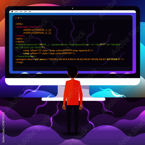 Joven estudiante frente a una computadora tratando de aprender código y programar. 