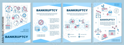 Bankruptcy brochure template. Inability paying creditors and lenders. Flyer, booklet, leaflet print, cover design with linear icons. Vector layouts for magazines, annual reports, advertising posters