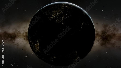 Beautiful sunrise over Earth. View from the space satellite. Cities at night. Change from Night to Day 3d Animation Rising Bright Sun. Modern business and technology concept. 4K Ultra HD.