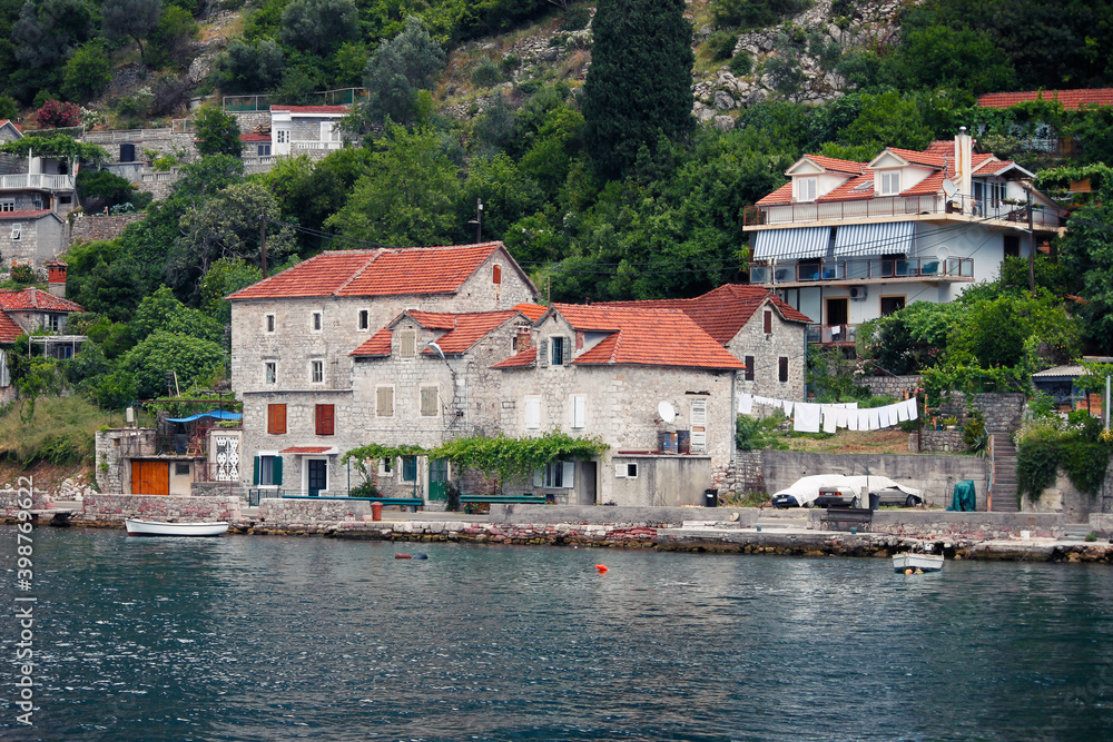 view of Bay of Kotor shore from the sea, Montenegro