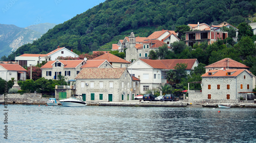 view of Bay of Kotor shore from the sea, Montenegro view of Bay of Kotor shore from the sea, Montenegro