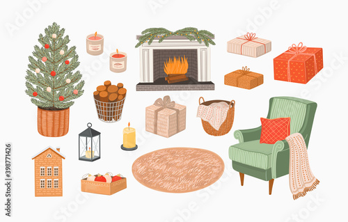 Winter and Christmas home interior vector illustration set. Christmas tree, fireplace, armchair, firewood, rug, presents, gifts, candles, baubles, decor elements