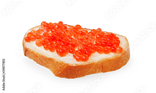Sandwich with butter and red caviar isolated on white background side view