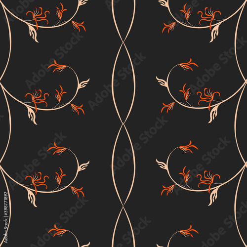 Vintage floral seamless pattern. Vector ornament with curly twigs  lines  leaves  flowers. Liberty style millefleurs. Simple floral wallpapers. Elegant abstract background in black and orange color