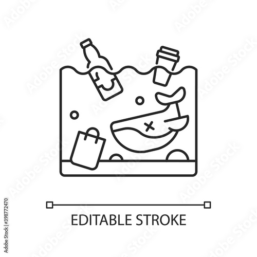 Ocean pollution linear icon. Harmful chemicals in water bodies. Residential waste from factories. Thin line customizable illustration. Contour symbol. Vector isolated outline drawing. Editable stroke
