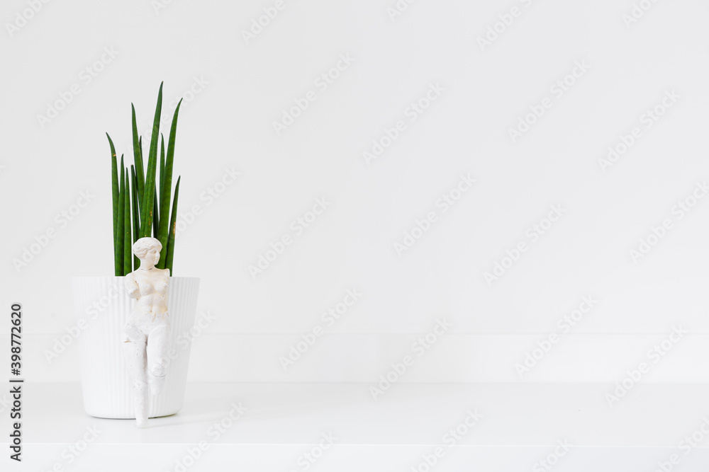 Plant on a desk and figurine in the home interior Plant on a desk and figurine in the home interior