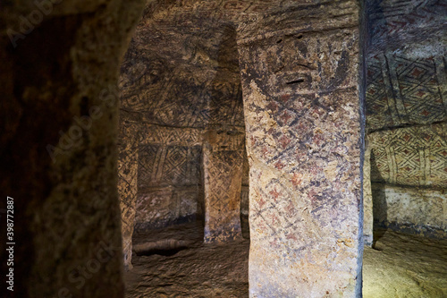 Tierradentro national archeological park, with its tombs of an ancient Pre Columbian culture of Colombia, painted with geometric, anthropomorphic and zoomorphic patterns in red, black and white
