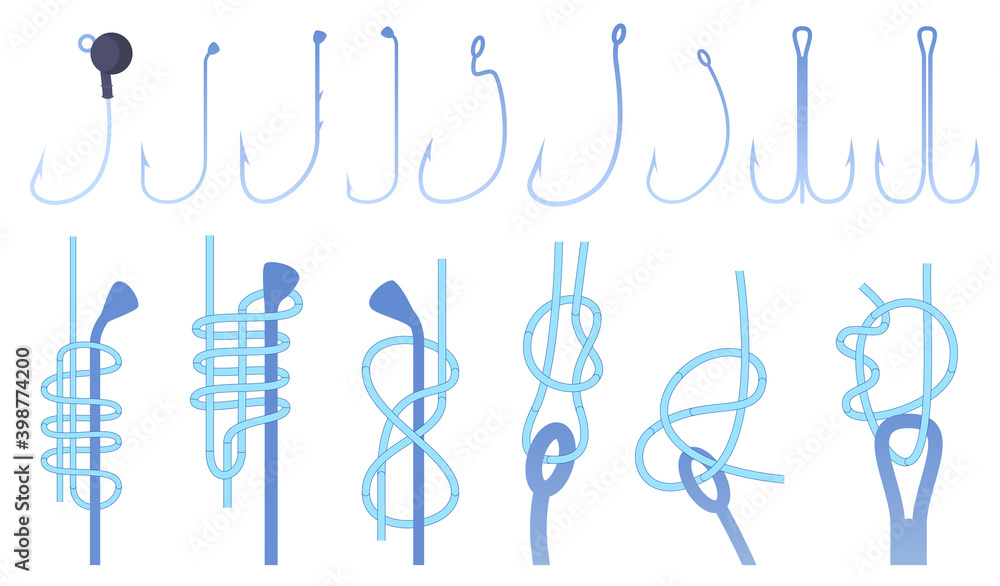 Set of various fishing hooks, types of knots on fishing hooks
