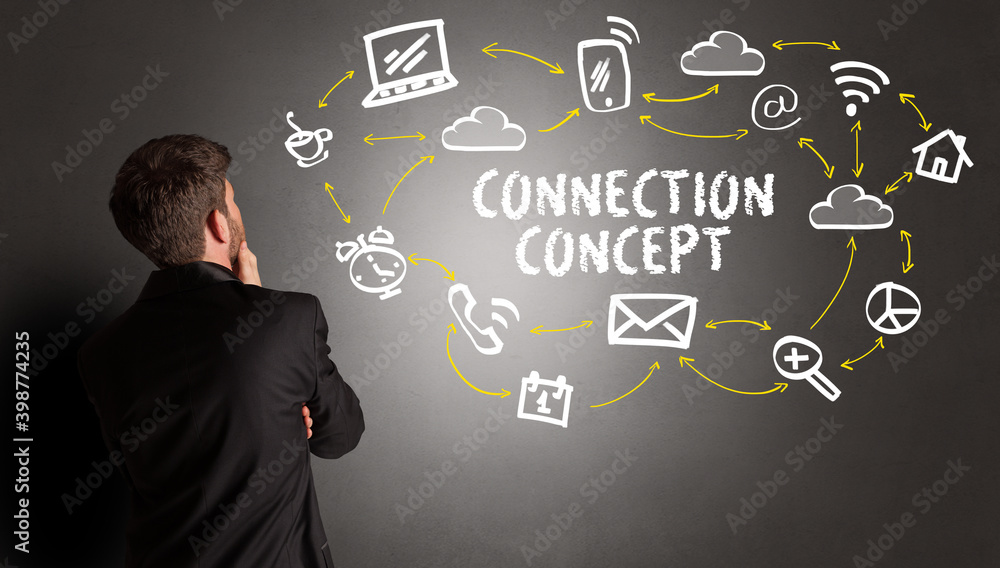 businessman drawing social media icons with CONNECTION CONCEPT inscription, new media concept businessman drawing social media icons with CONNECTION CONCEPT inscription, new media concept