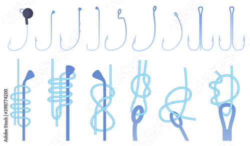 Set of various fishing hooks, types of knots on fishing hooks. Vector illustration