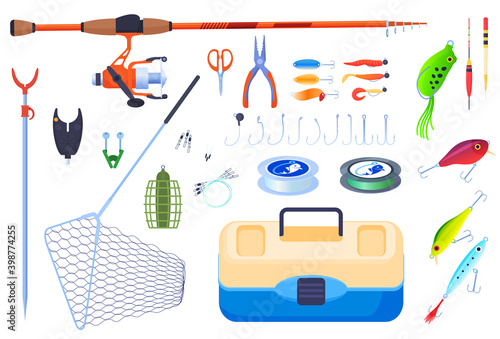 Equipment for fishing. Fishing rods, fishing line, hooks, floats, bait, boat, fishing boots, net. Vector illustration
