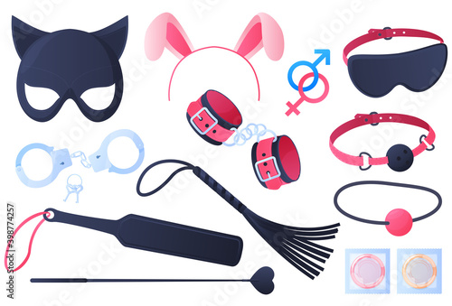 Set of sex toys, accessories for sex games, handcuffs, mask, condoms. Games in bed. Erotic games for men and women. Vector illustration