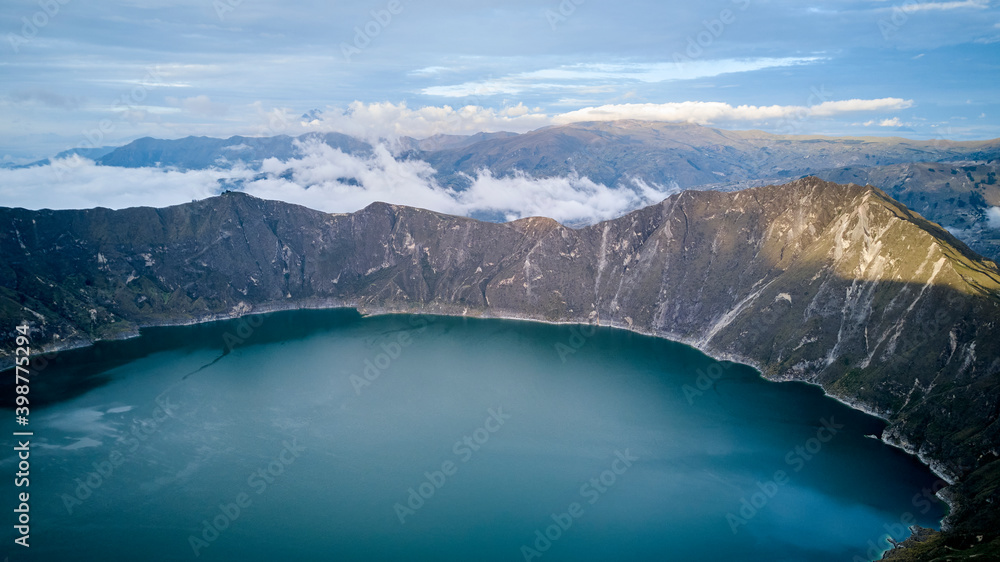 Aerial of beautiful quilotoa crater lake in Ecuador, South America with ...