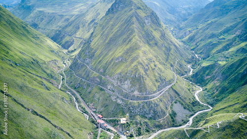 Aerial of Nariz del Diablo, devil’s nose, a famous railroad track in the andes of Ecuador, so steep, it has to zig zag up the mountains with reversing into dead ends, South America